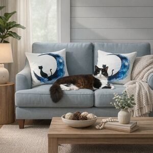 Whimsical Black Cat Moon Cushion Covers 18"x18" Set Of 2 Zippered Polyester